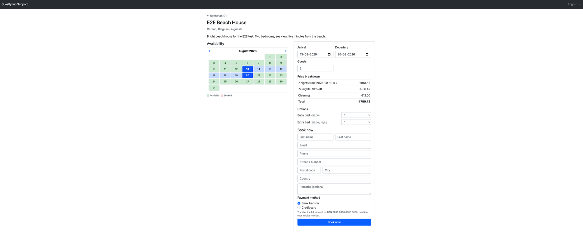 The Guestlyhub direct-booking page: availability calendar, live price breakdown with discount, bookable extras and guest form