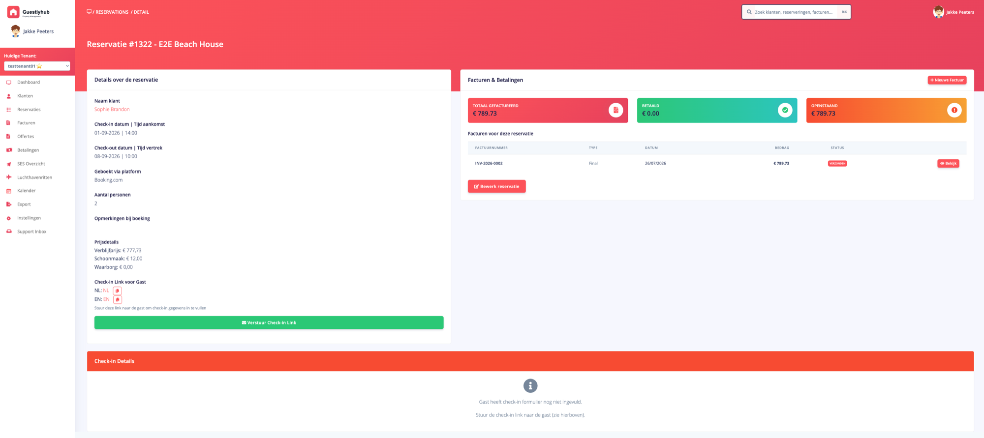 A reservation in Guestlyhub with invoice status and the guest check-in link used for Spanish SES registration
